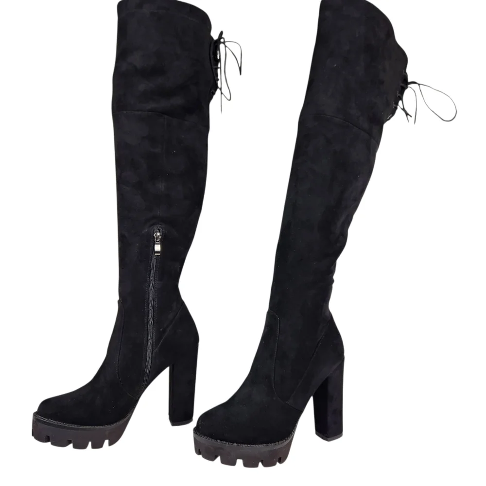 Isnom Black Suede Leather Chunky Lug Sole Over The Knee Tall Boot Women Size 9.5
